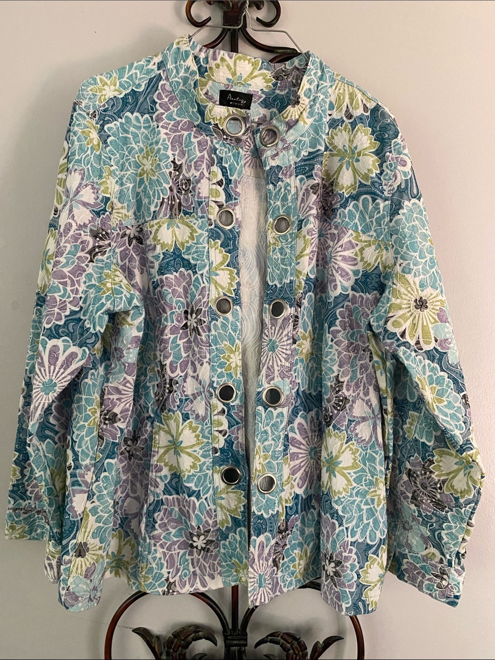 Analogy Floral Eyelet-Front Jacket - Teal Multi